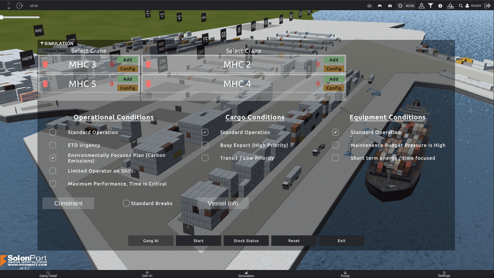 SOLONPORT AI Optimization workspace for crane, cargo and equipment constraints