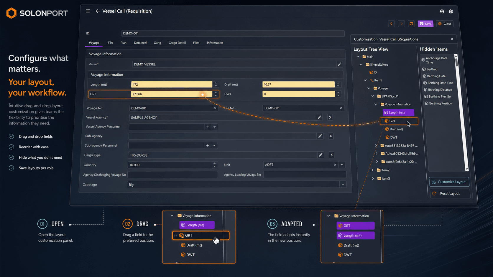 SOLONPORT dark workspace showing a GRT field moved through drag-and-drop layout customization