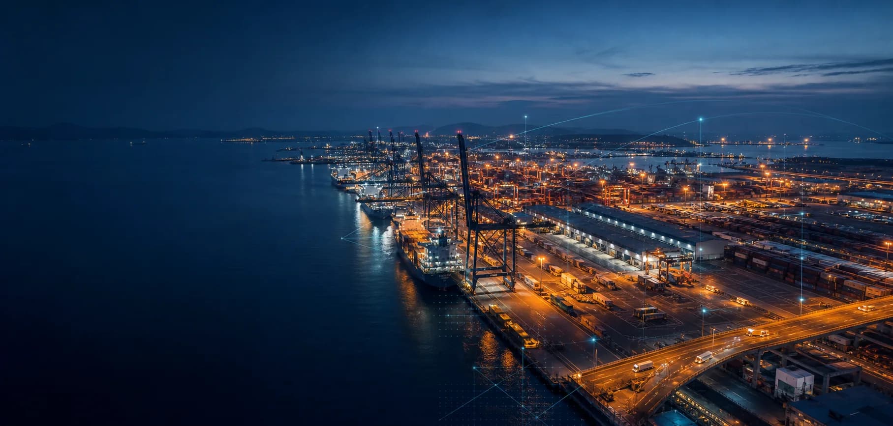 A next-generation connected maritime terminal at blue hour