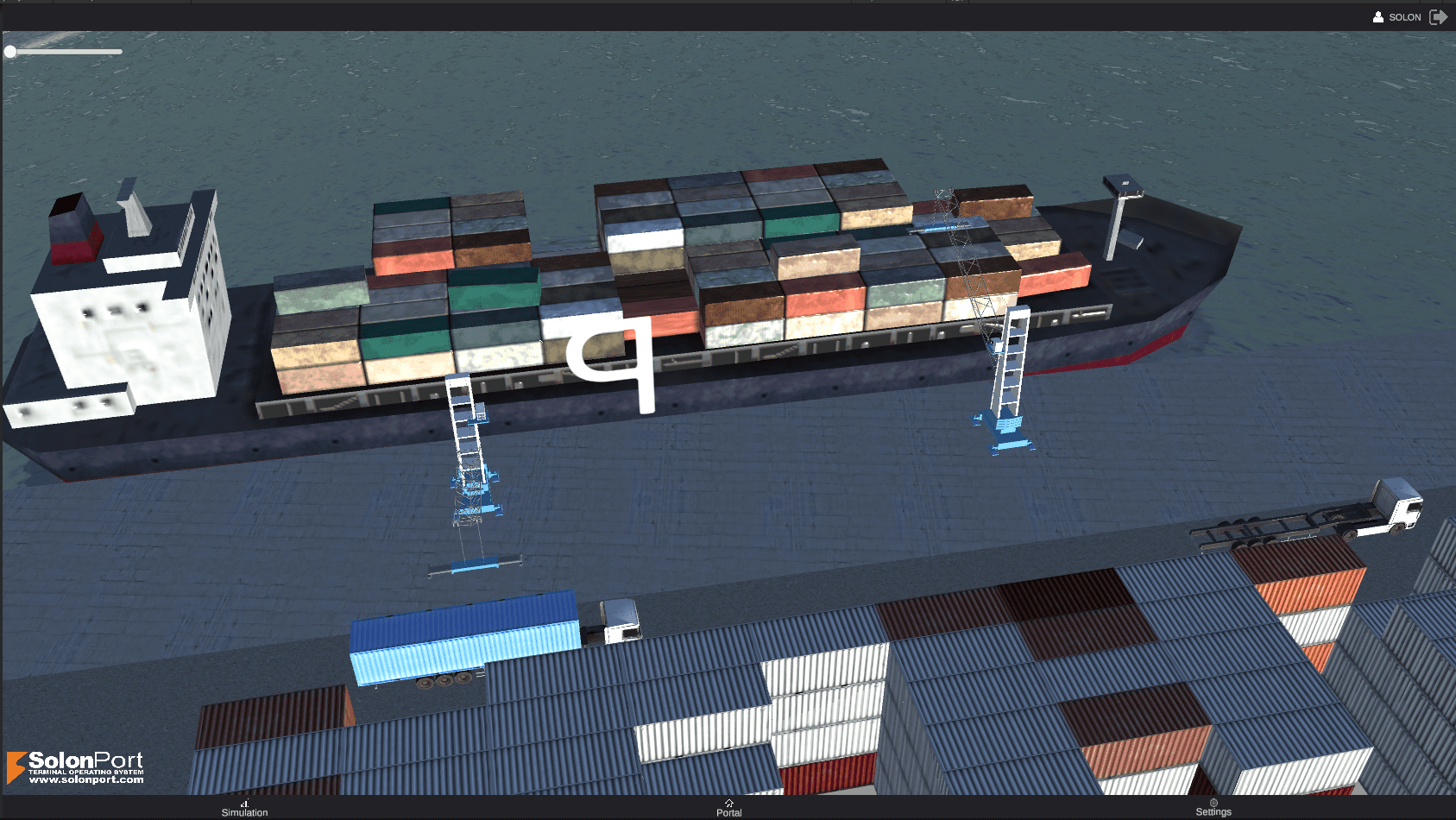 SOLONPORT 3D view of a vessel alongside a container yard