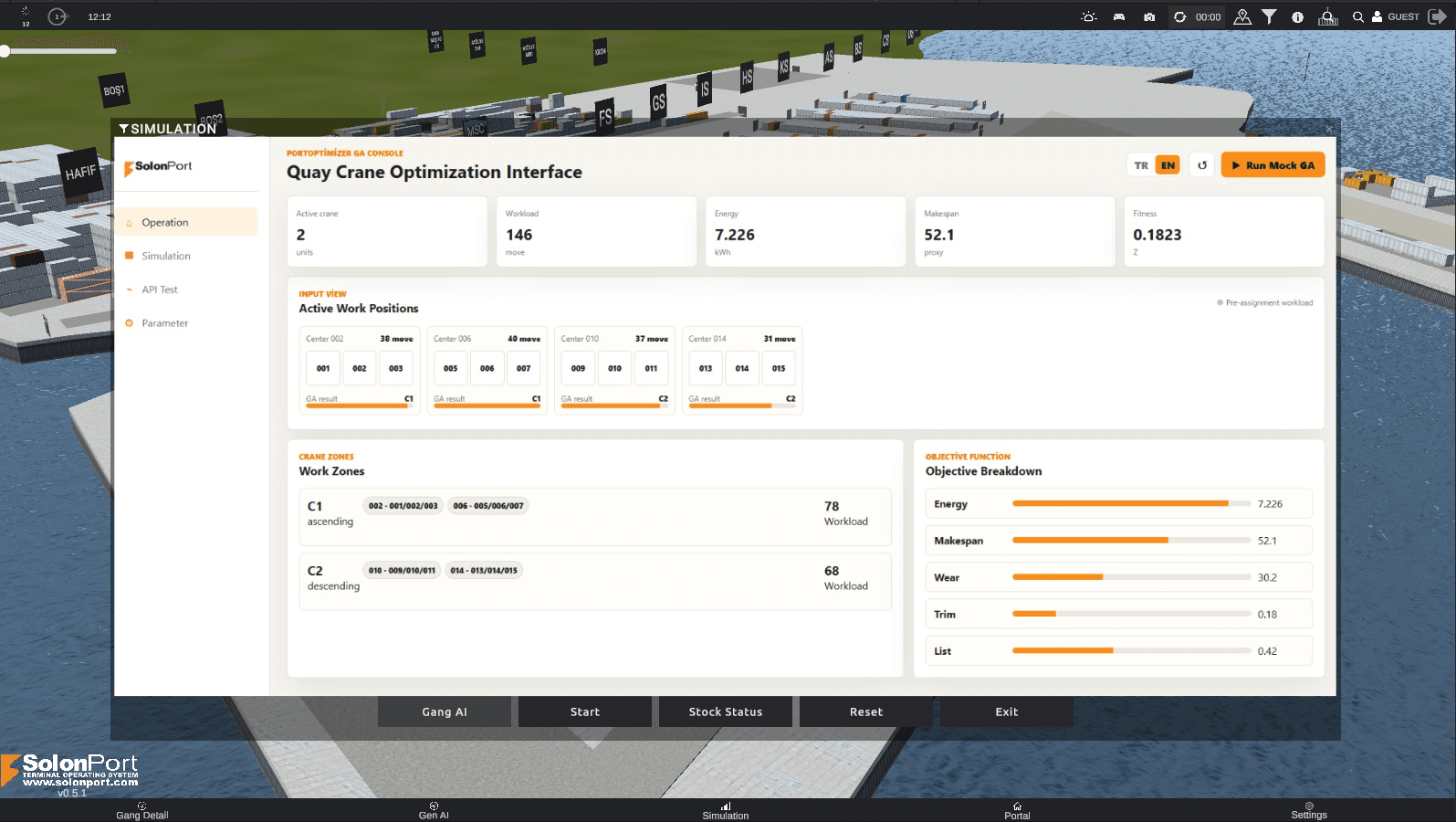 SOLONPORT quay crane optimization interface connected to a 3D terminal environment