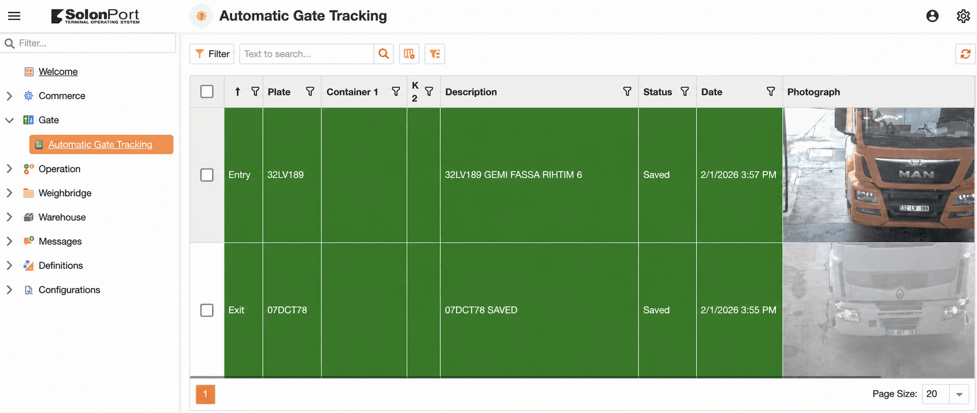 SOLONPORT automatic gate tracking application in English