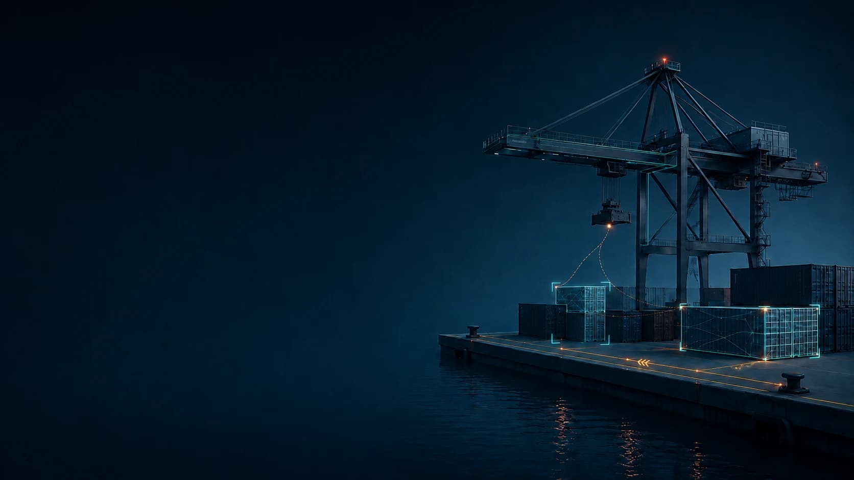 Concept illustration of a port crane and containers with digital-twin outlines and an intelligent routing path