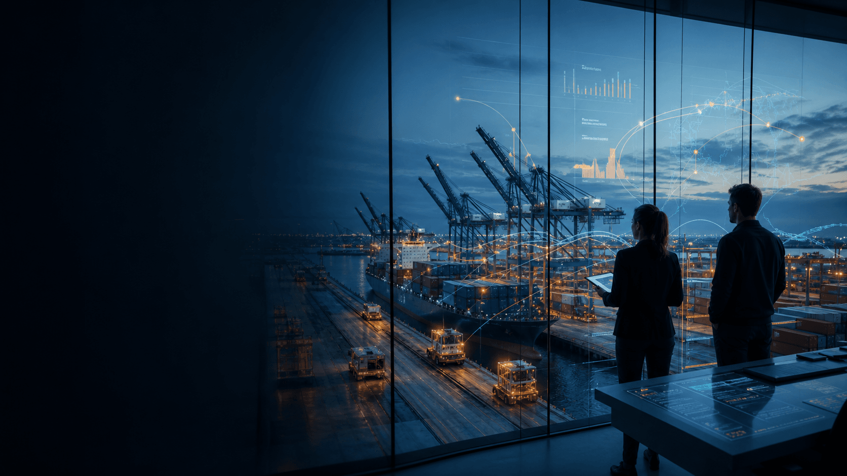 Terminal operations specialists viewing a connected port and its analytical reporting context