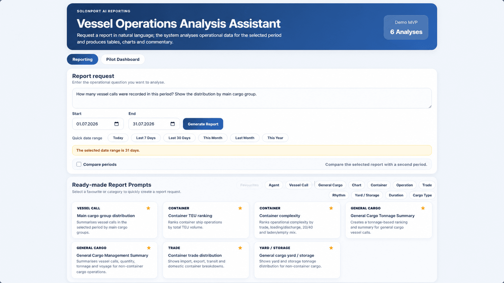 SOLONPORT AI Reporting interface for vessel operations analysis